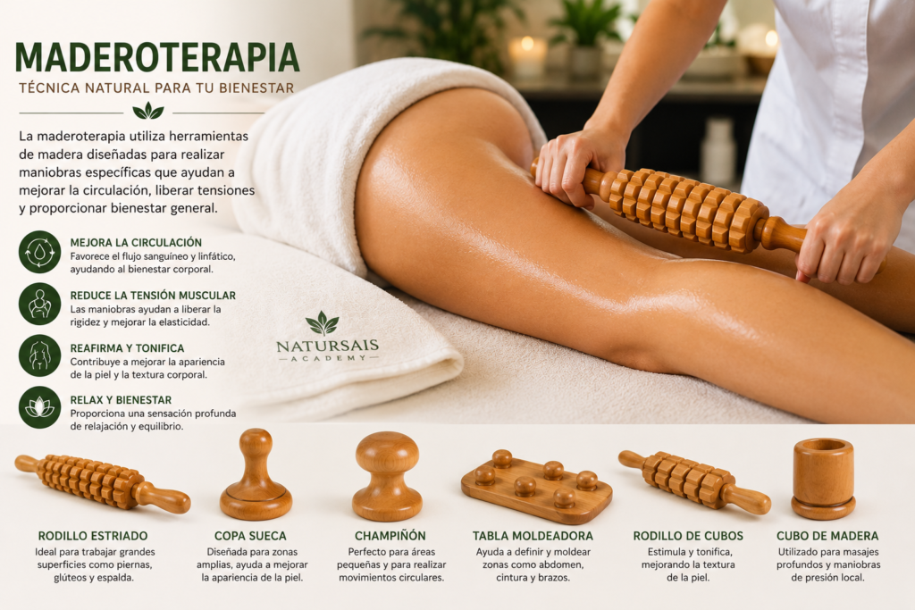 Sesión de maderoterapia con herramientas de madera mostrando los principales beneficios y los instrumentos utilizados durante el tratamiento corporal.