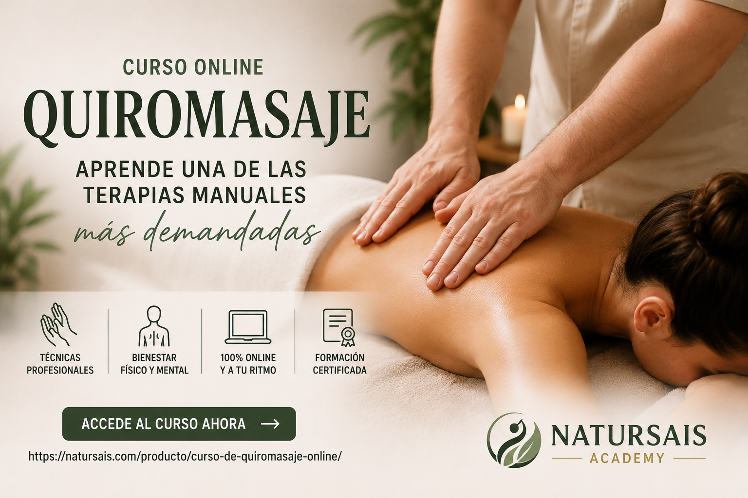 Curso de Quiromasaje Online de Natursais Academy con demostración de masaje profesional sobre la espalda