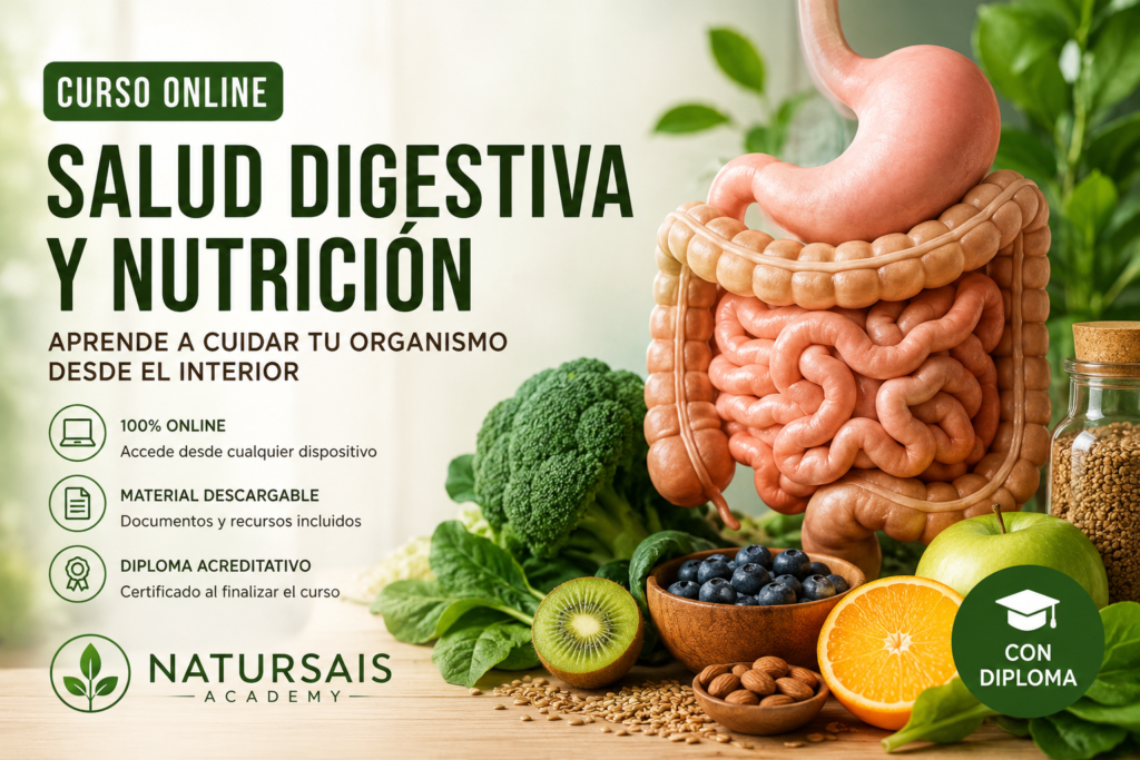 Curso de Salud Digestiva y Nutrición Online con diploma de Natursais Academy para aprender alimentación saludable y bienestar digestivo.