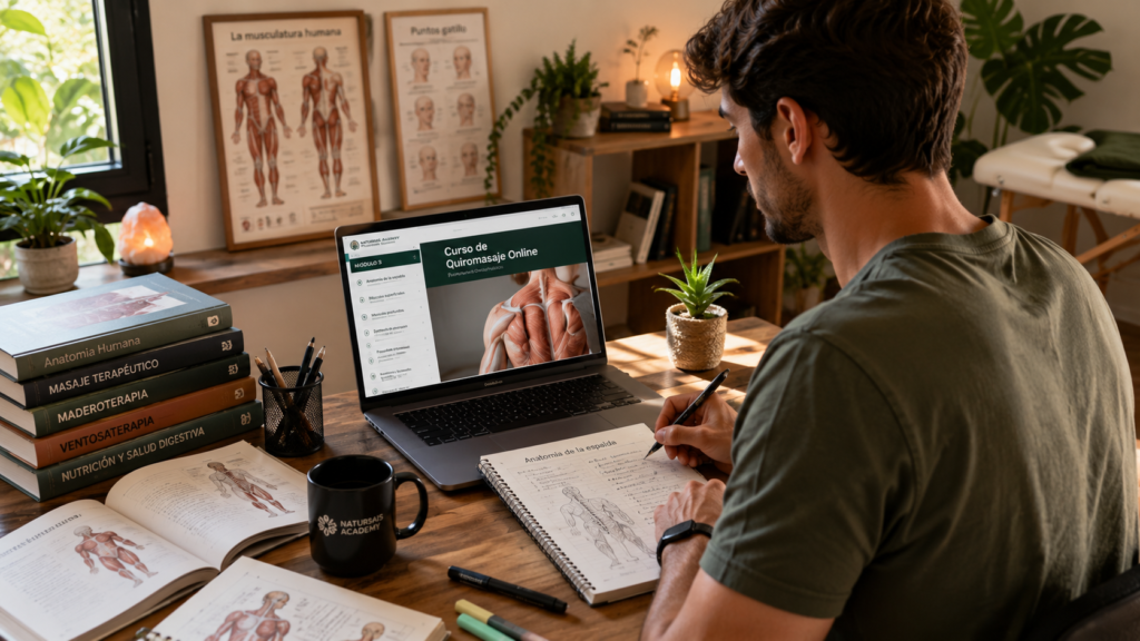 Alumno estudiando quiromasaje online desde casa con material de anatomía y formación de Natursais Academy.