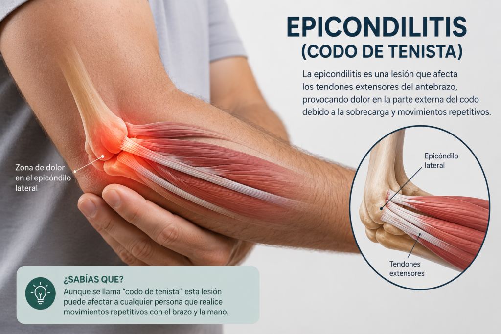 Epicondilitis o codo de tenista mostrando la anatomía del codo y la zona afectada por la lesión de los tendones extensores.