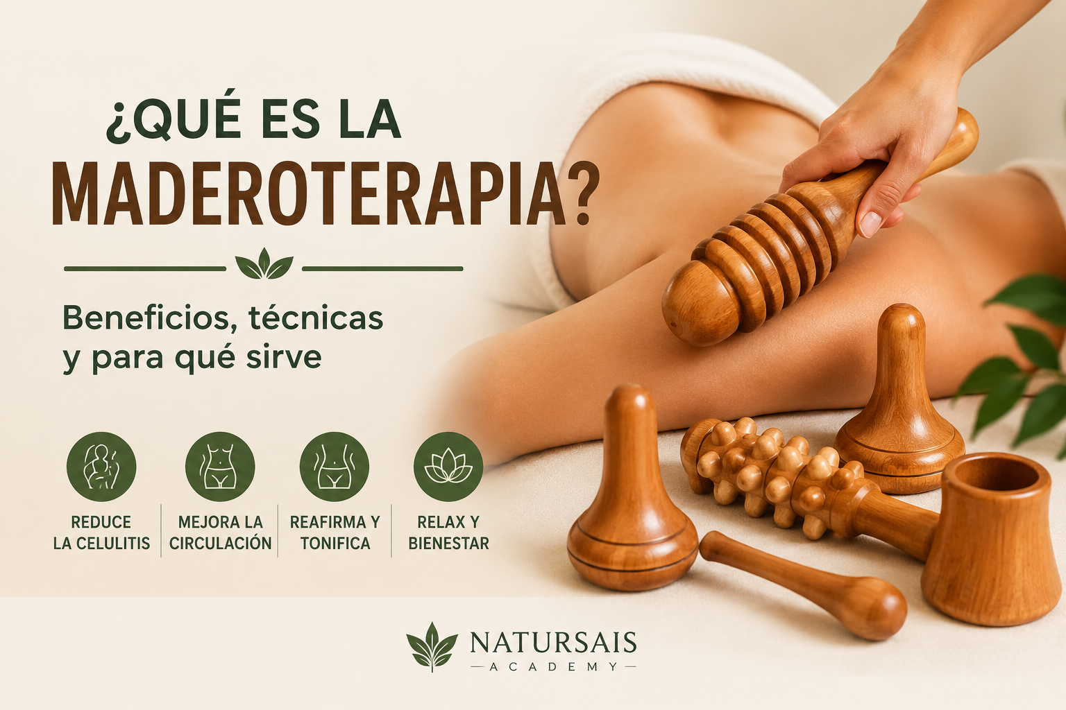 Tratamiento de maderoterapia corporal con herramientas de madera mostrando sus beneficios y técnicas de masaje.