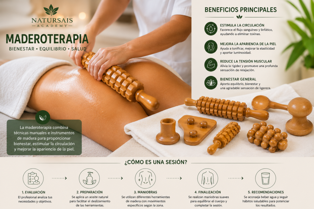Sesión de maderoterapia mostrando el uso de herramientas de madera, los principales beneficios y las fases del tratamiento corporal.