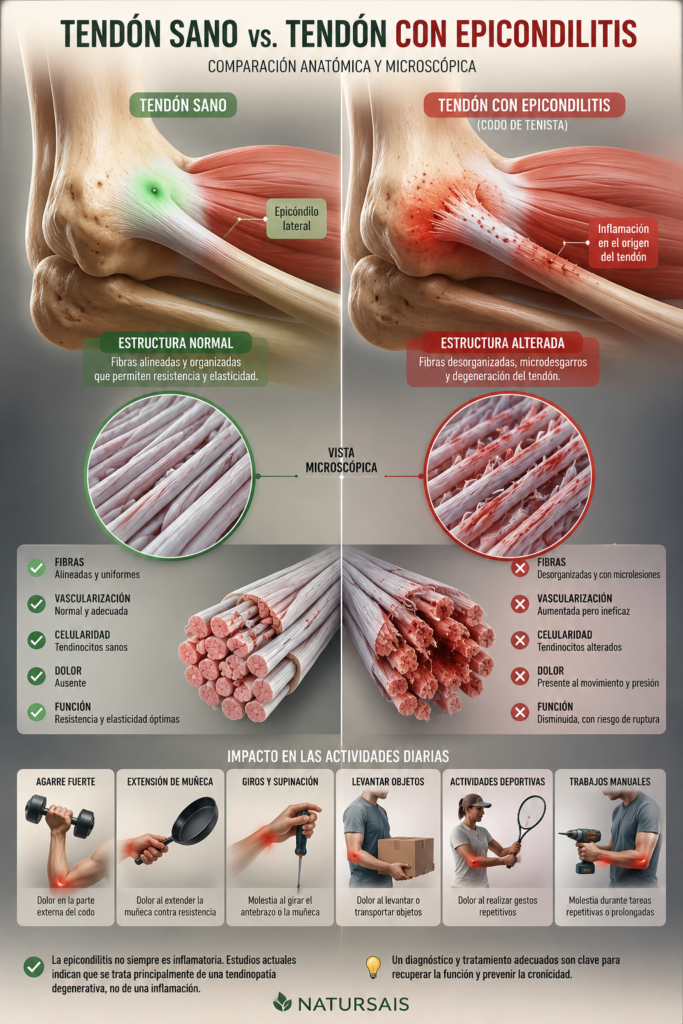Comparación entre un tendón sano y un tendón con epicondilitis mostrando las diferencias anatómicas, las microlesiones y los cambios estructurales del codo de tenista.