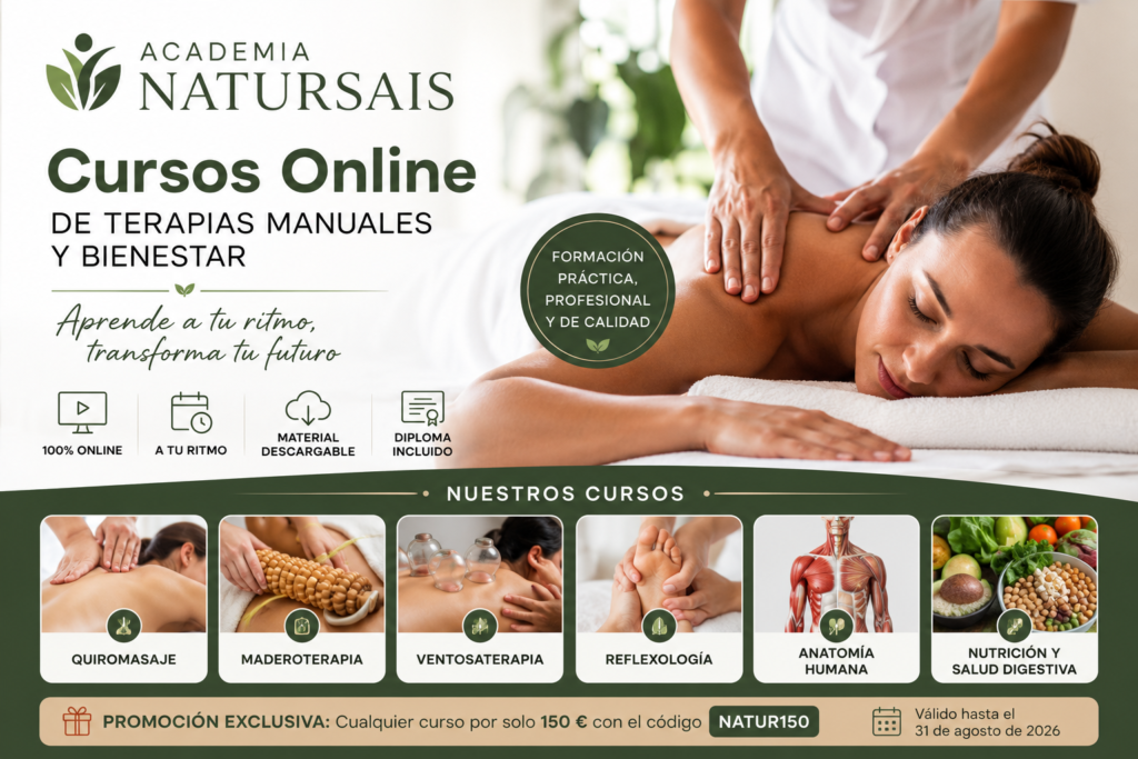 Academia Natursais con cursos online de quiromasaje, maderoterapia, ventosaterapia, reflexología, anatomía y nutrición.