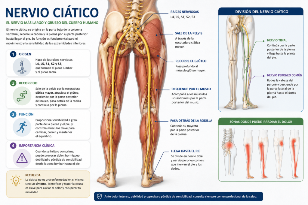 Infografía anatómica del nervio ciático mostrando su origen en la columna lumbar, su recorrido por el glúteo y la pierna, sus principales ramas y las zonas donde puede irradiar el dolor.