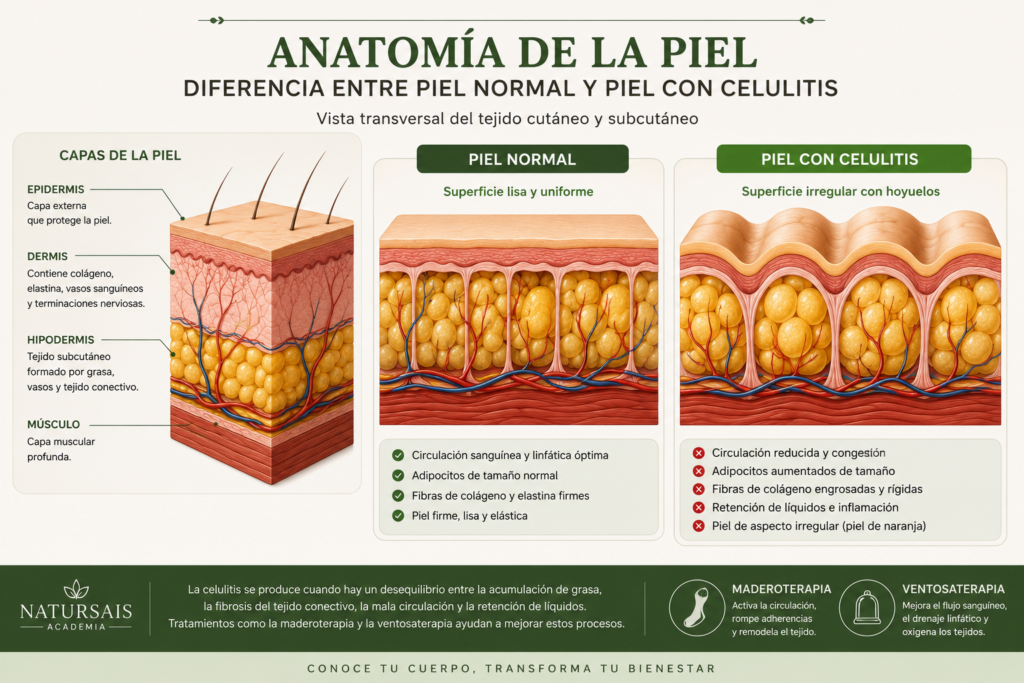 Anatomía de la piel en vista transversal comparando una piel normal con una piel con celulitis, mostrando la acumulación de grasa, la fibrosis y la alteración del tejido subcutáneo.