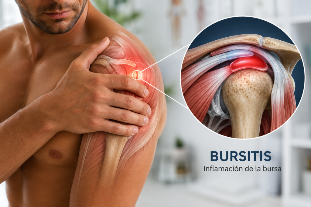 Bursitis en el hombro con ilustración anatómica de la bursa inflamada y sus principales síntomas