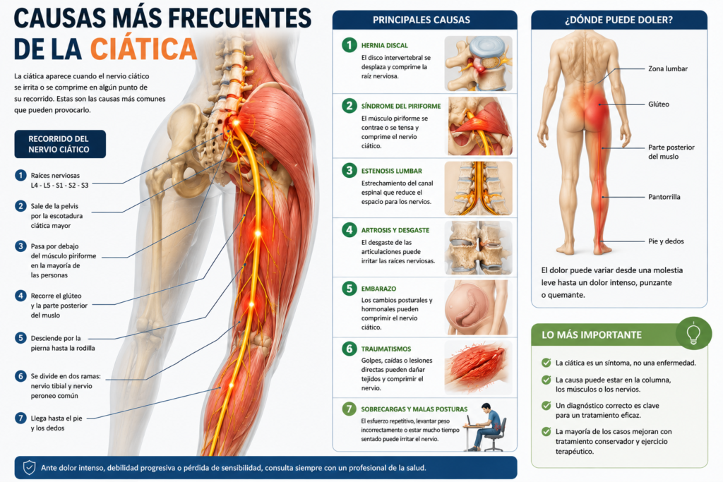 Infografía sobre las principales causas de la ciática, incluyendo hernia discal, síndrome del piriforme, estenosis lumbar, artrosis, embarazo y traumatismos, junto al recorrido del nervio ciático.