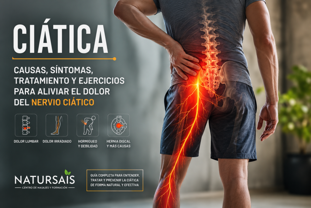Persona con dolor de ciática mostrando el recorrido del nervio ciático desde la zona lumbar hasta la pierna.