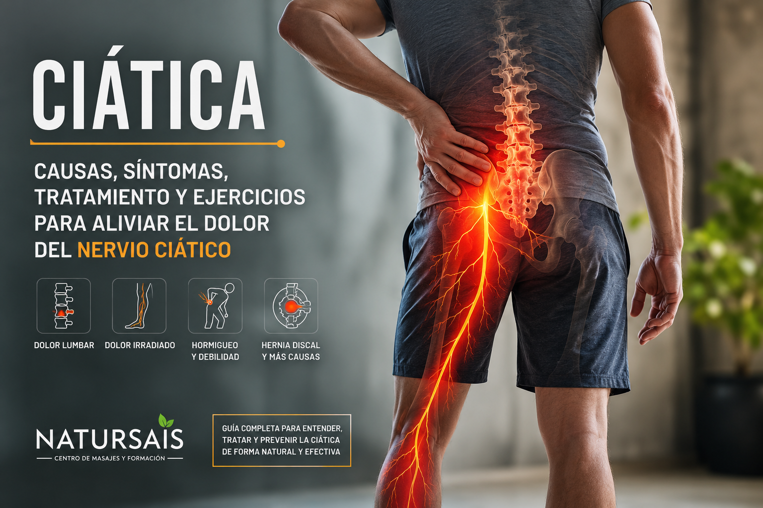 Persona con dolor de ciática mostrando el recorrido del nervio ciático desde la zona lumbar hasta la pierna.