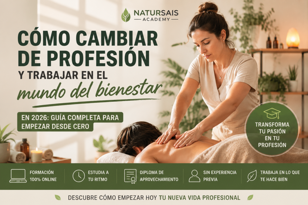 Profesional de masaje realizando un tratamiento de bienestar que representa cómo cambiar de profesión y empezar una carrera en el sector del bienestar con formación online.