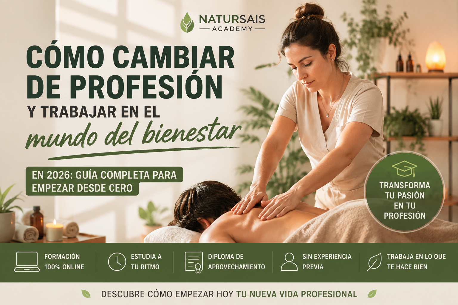 Profesional de masaje realizando un tratamiento de bienestar que representa cómo cambiar de profesión y empezar una carrera en el sector del bienestar con formación online.