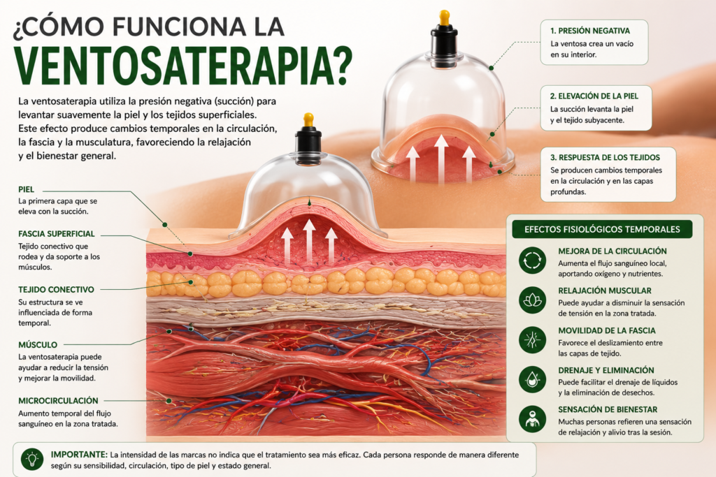 Ilustración anatómica que muestra cómo actúa la ventosaterapia sobre la piel, la fascia y el tejido muscular.