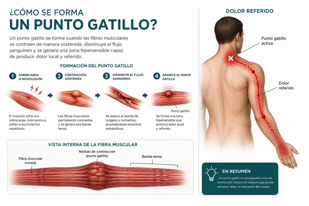 Cómo se forma un punto gatillo muscular dentro de una fibra muscular y su relación con el dolor referido.