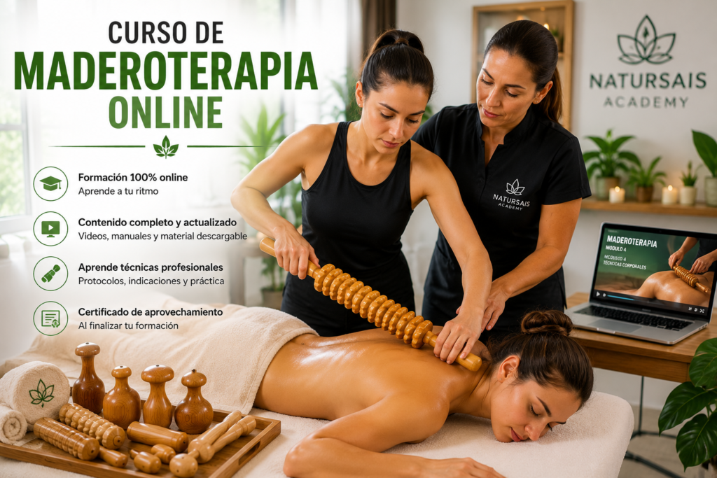 Alumno aprendiendo técnicas de maderoterapia durante un curso online con herramientas profesionales de madera.