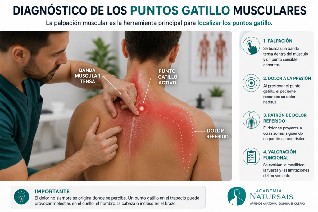 Exploración manual para diagnosticar un punto gatillo muscular mediante palpación.
