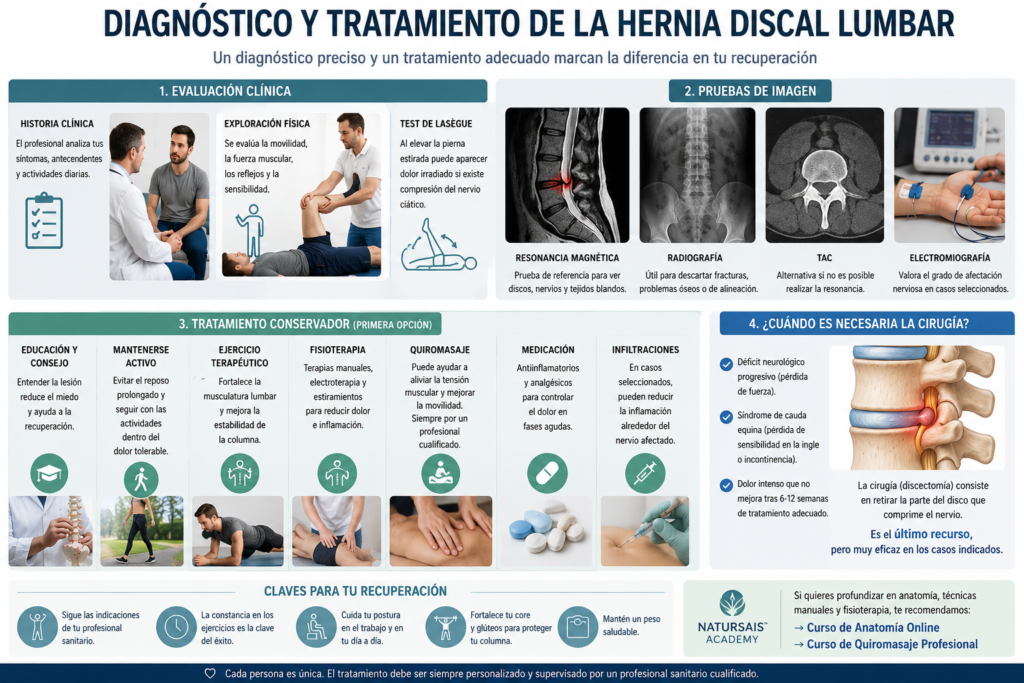 Infografía médica sobre el diagnóstico y tratamiento de la hernia discal lumbar, con exploración clínica, resonancia magnética, tratamiento conservador, fisioterapia, ejercicio terapéutico y cirugía en casos específicos.