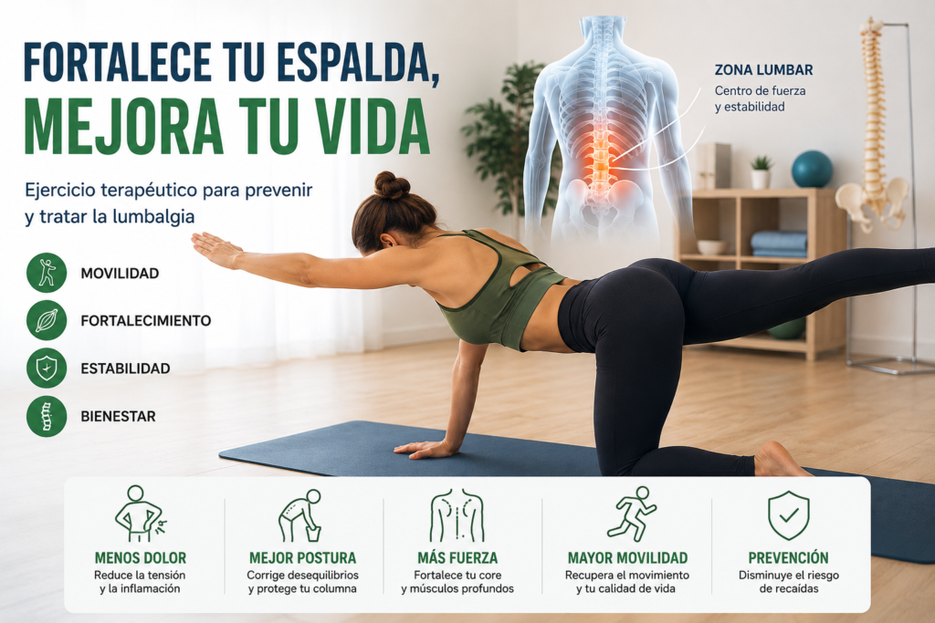 Persona realizando ejercicios terapéuticos para fortalecer la espalda y aliviar la lumbalgia mediante el fortalecimiento de la musculatura lumbar y el core.