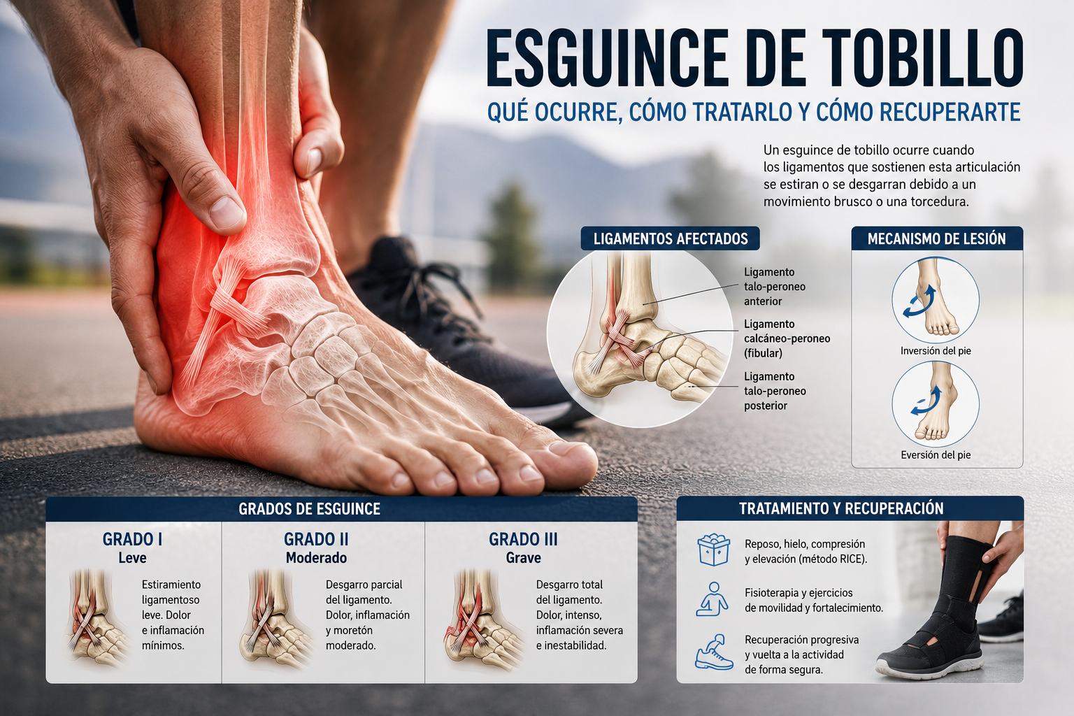 Esguince de tobillo con ilustración anatómica de los ligamentos lesionados, grados de la lesión y tratamiento de recuperación.
