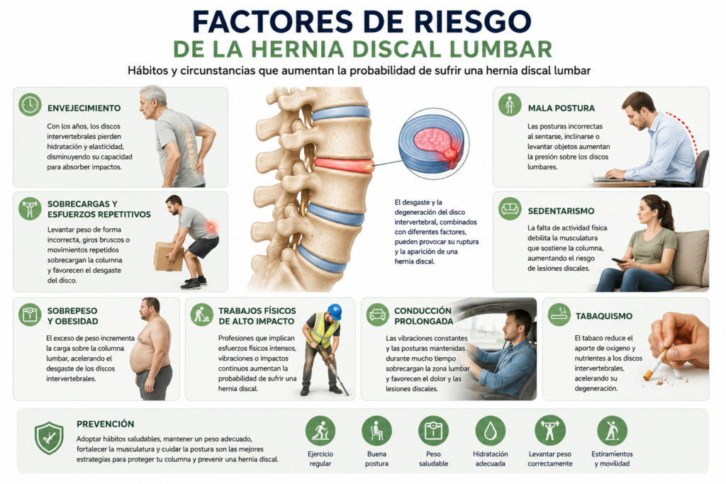 Infografía sobre los factores de riesgo de la hernia discal lumbar, incluyendo envejecimiento, mala postura, sedentarismo, sobrepeso, tabaquismo, trabajos físicos y levantamiento de peso.