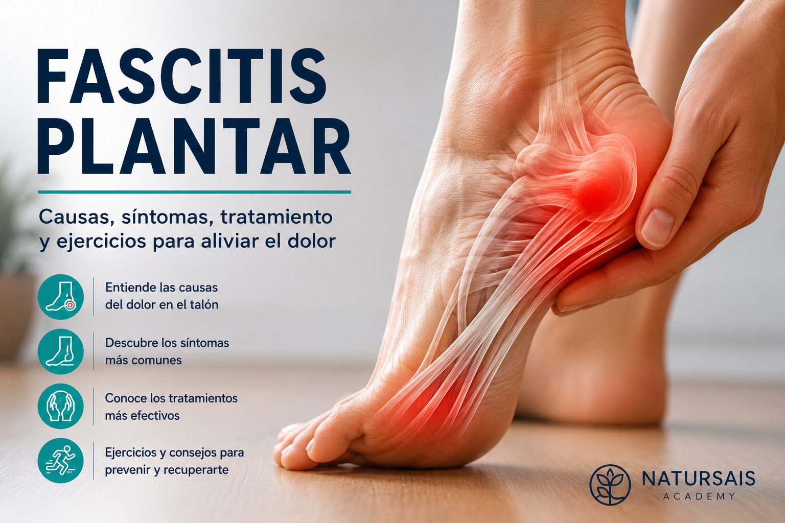 Ilustración anatómica de la fascitis plantar mostrando la inflamación de la fascia plantar y el dolor en el talón, con información sobre causas, síntomas, tratamiento y ejercicios.