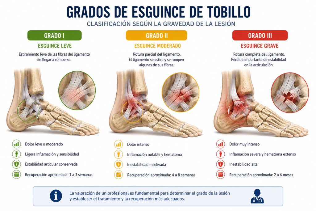 Infografía de los grados de un esguince de tobillo que muestra las diferencias entre un esguince de grado I, grado II y grado III, los ligamentos afectados, los síntomas y el tiempo aproximado de recuperación.