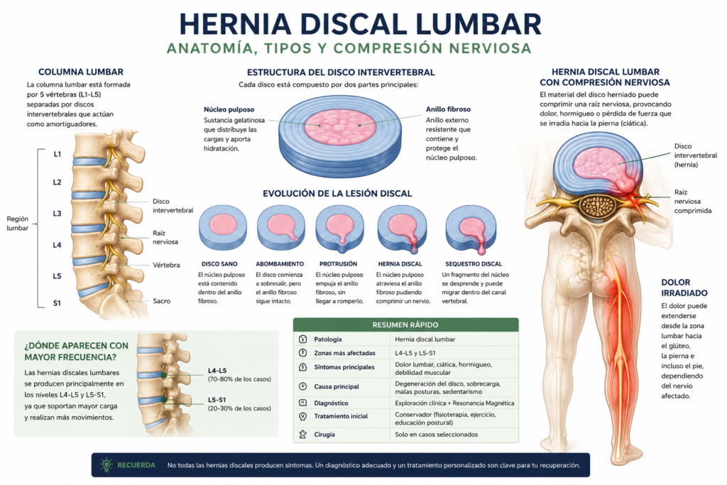Infografía anatómica de una hernia discal lumbar mostrando la columna lumbar, la estructura del disco intervertebral, la evolución de la lesión y la compresión de la raíz nerviosa.