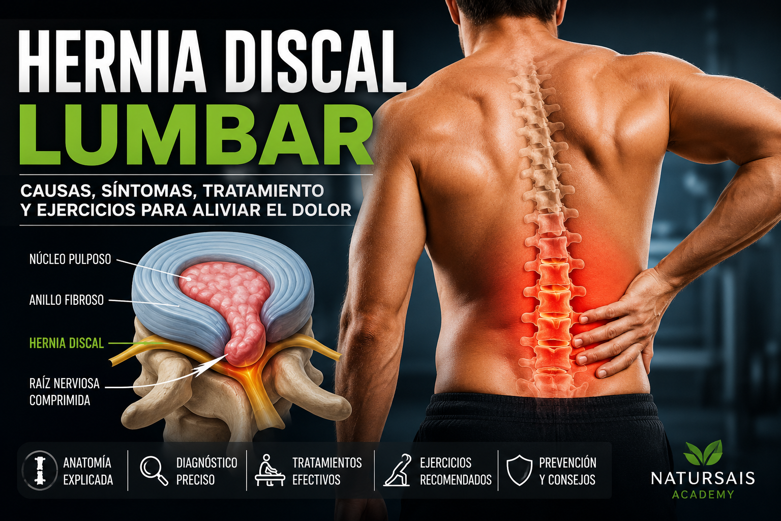Ilustración médica de una hernia discal lumbar mostrando el disco intervertebral herniado, la compresión del nervio y el dolor lumbar.