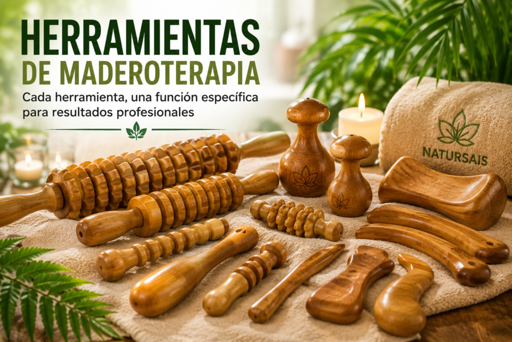 Herramientas profesionales de maderoterapia utilizadas en tratamientos corporales y de bienestar.