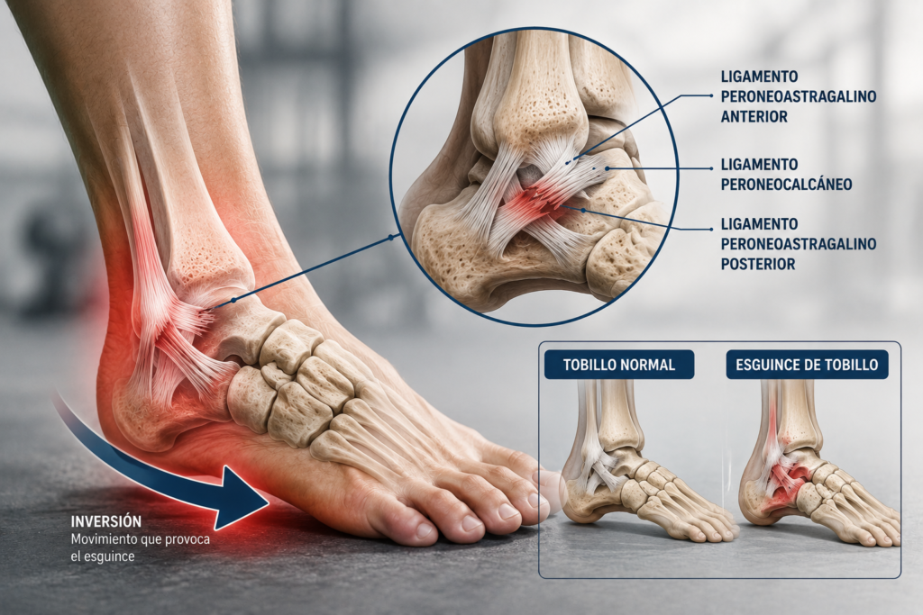 Ligamentos del tobillo mostrando el ligamento peroneoastragalino anterior afectado durante un esguince de tobillo.