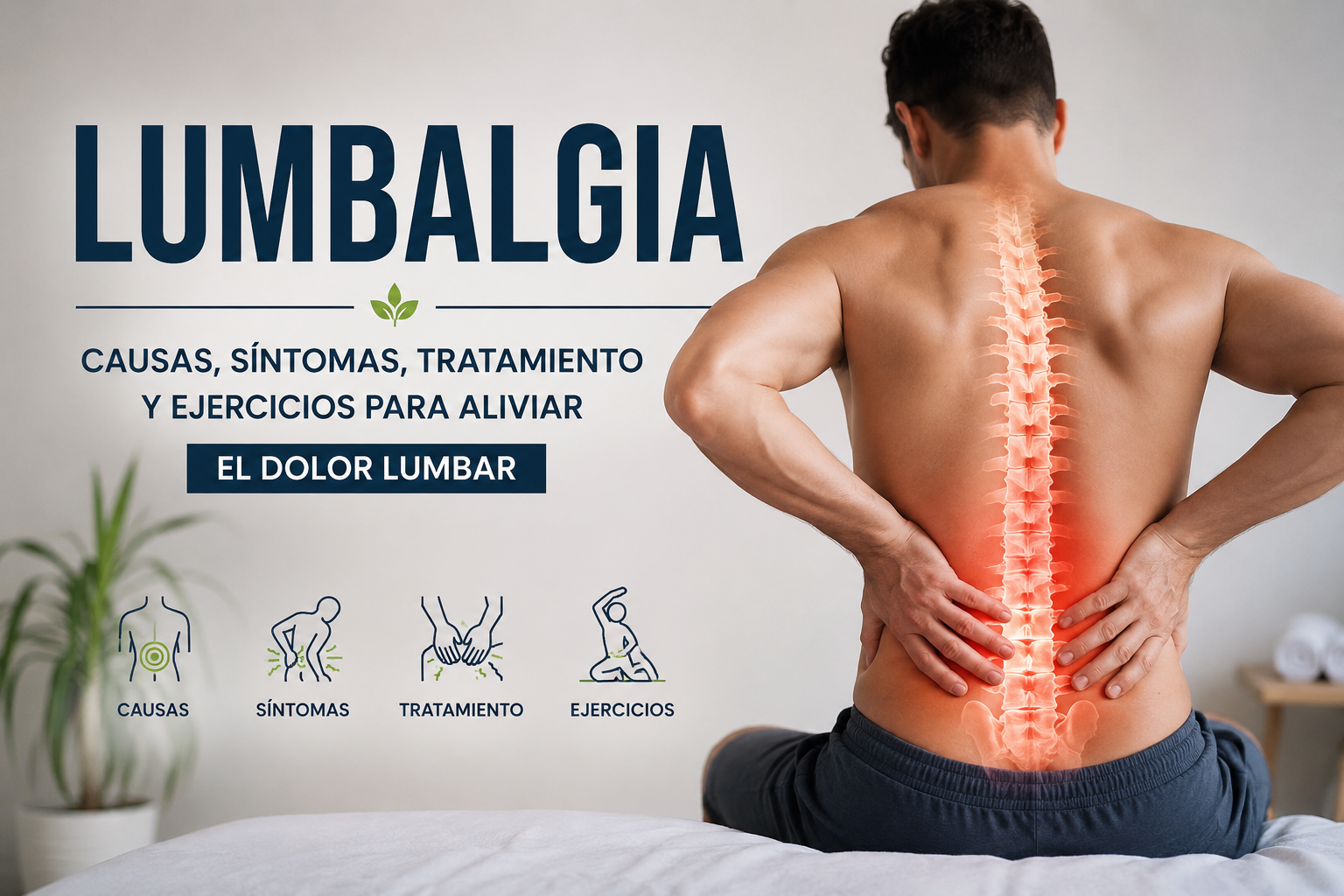Persona con lumbalgia sujetándose la zona lumbar. Guía sobre causas, síntomas, tratamiento y ejercicios para aliviar el dolor lumbar.
