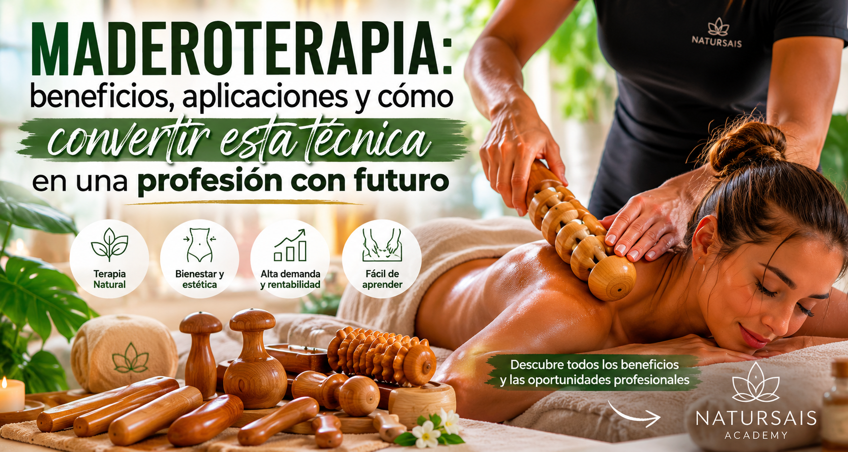 Tratamiento de maderoterapia con herramientas de madera para mejorar el bienestar corporal y la circulación.