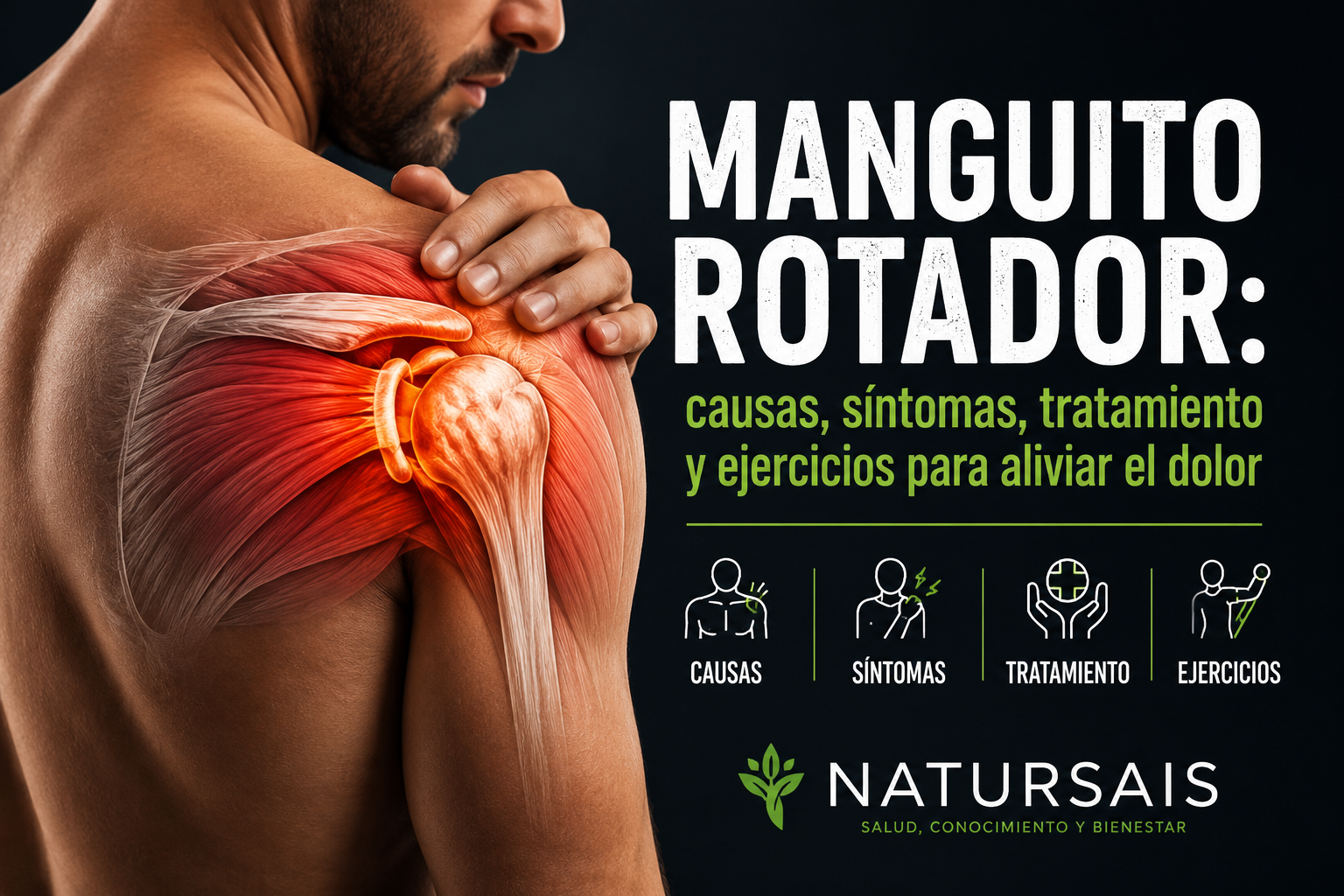 Ilustración anatómica del manguito rotador del hombro mostrando los músculos, tendones y la articulación afectados por una lesión.