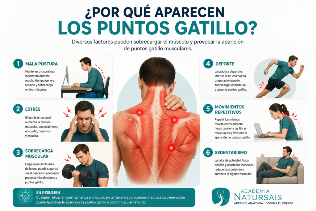 Infografía que muestra las principales causas de los puntos gatillo musculares: mala postura, estrés, sobrecarga muscular, deporte, movimientos repetitivos y sedentarismo.