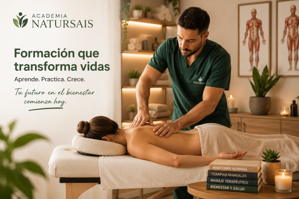 Alumno aprendiendo técnicas de terapias manuales en la Academia Natursais mediante formación online.