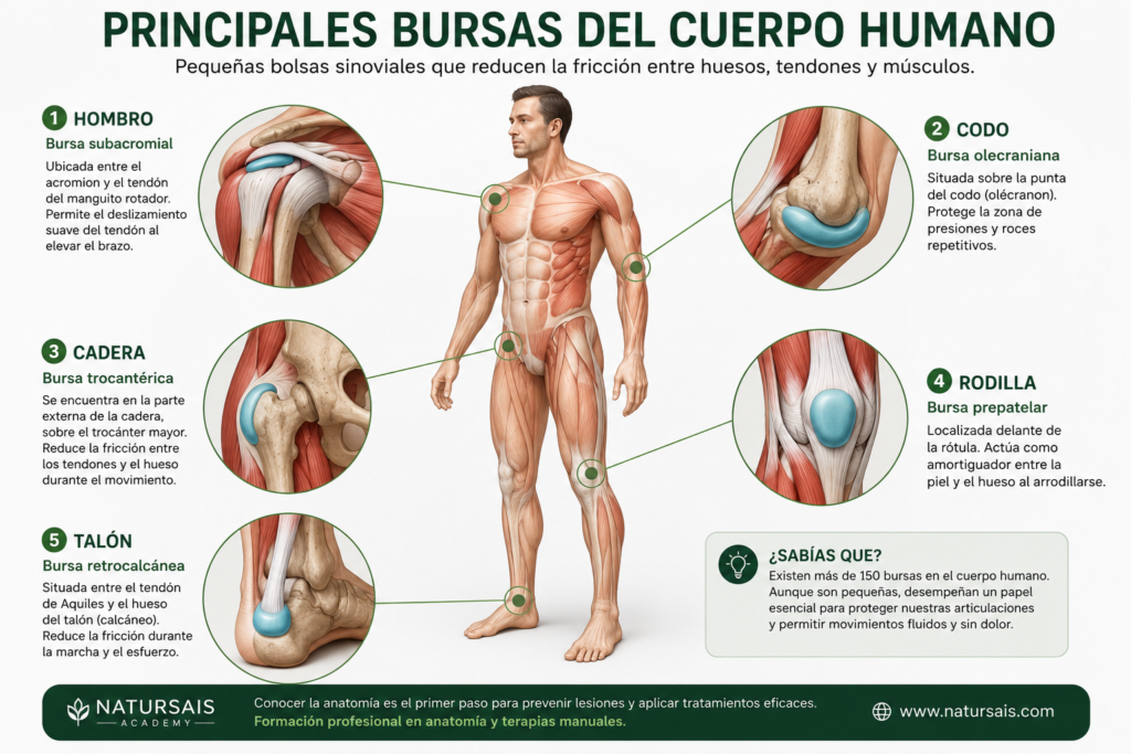 Ilustración anatómica de las principales bursas del cuerpo humano mostrando las zonas donde puede aparecer la bursitis, como el hombro, codo, cadera, rodilla y talón.