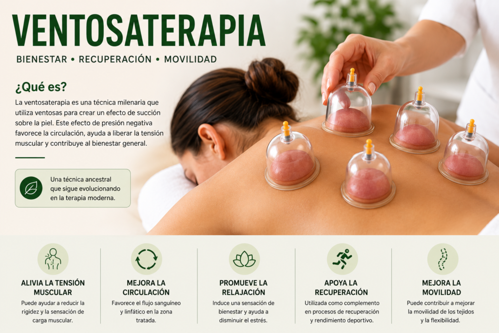 Aplicación de ventosaterapia mediante ventosas terapéuticas sobre la espalda.