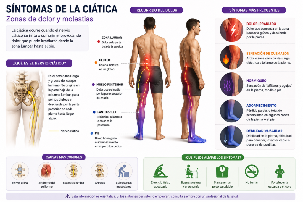 Infografía de los síntomas de la ciática mostrando el recorrido del dolor del nervio ciático desde la zona lumbar hasta el pie, incluyendo dolor irradiado, quemazón, hormigueo, adormecimiento y debilidad muscular