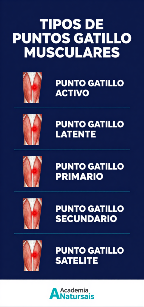 Infografía que muestra los tipos de puntos gatillo musculares: activo, latente, primario, secundario y satélite.