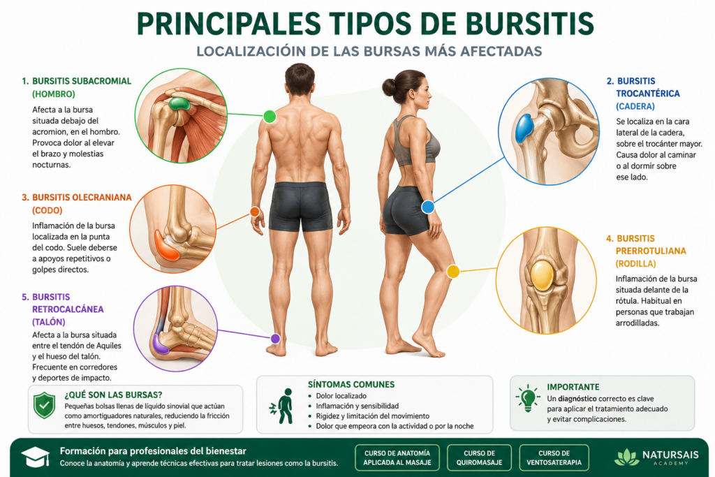 Infografía anatómica de los principales tipos de bursitis mostrando la localización de las bursas afectadas en el hombro, cadera, codo, rodilla y talón, junto con sus síntomas más frecuentes.