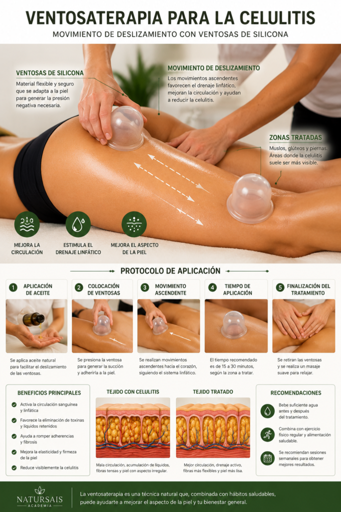 Aplicación de ventosaterapia con ventosas de silicona sobre muslos y glúteos mediante movimientos de deslizamiento para estimular la circulación, el drenaje linfático y mejorar el aspecto de la celulitis.