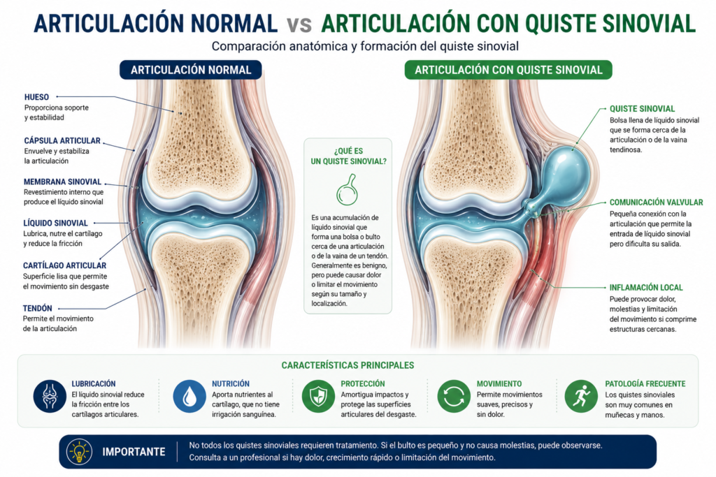 Comparación anatómica entre una articulación normal y una articulación con un quiste sinovial, mostrando la formación del quiste, el líquido sinovial, la membrana sinovial, el cartílago articular y las principales diferencias anatómicas.