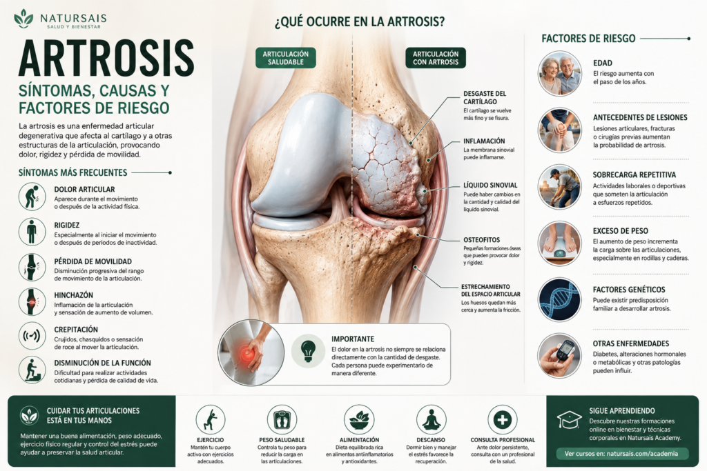 Artrosis de rodilla con síntomas, cambios en la articulación y principales factores de riesgo