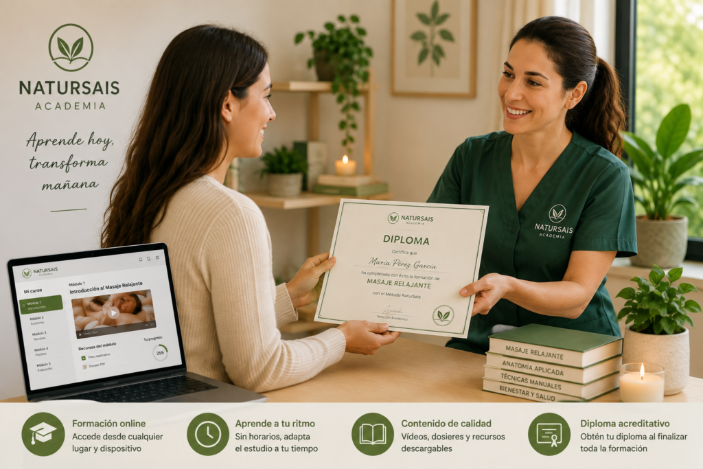 Alumna recibiendo su diploma tras completar un curso online de la Academia NaturSais.