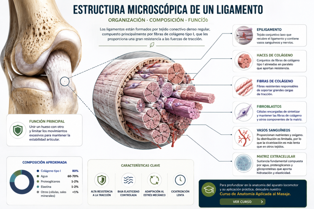 Estructura de un ligamento mostrando la organización del colágeno, fibroblastos, inserción ósea y anatomía microscópica.