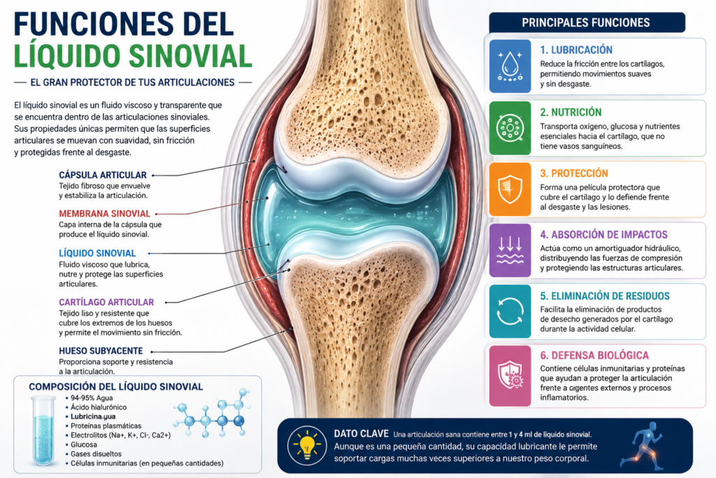 Infografía anatómica sobre las funciones del líquido sinovial en una articulación sinovial, mostrando la lubricación, nutrición del cartílago, protección articular, absorción de impactos, eliminación de residuos y defensa biológica.