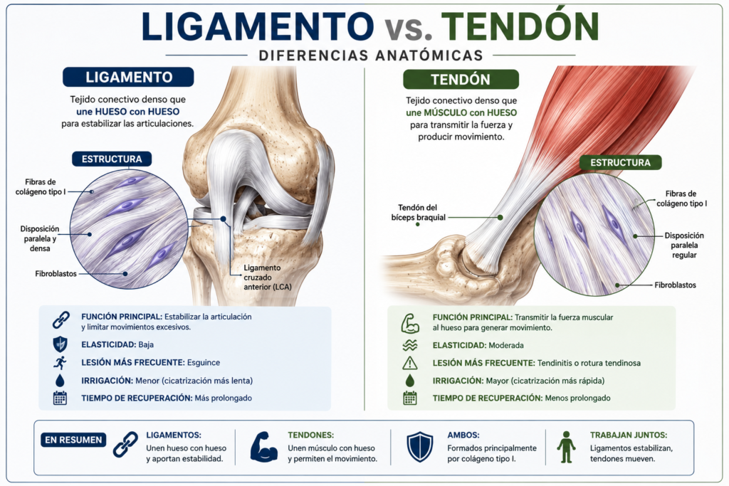 Comparativa entre un ligamento y un tendón mostrando sus diferencias anatómicas, estructura, función y localización en el cuerpo humano.