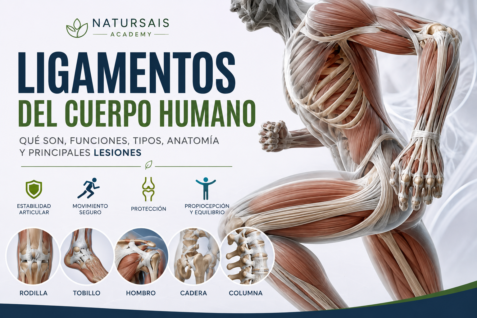 Ligamentos del cuerpo humano mostrando su anatomía, funciones y las principales articulaciones donde se encuentran