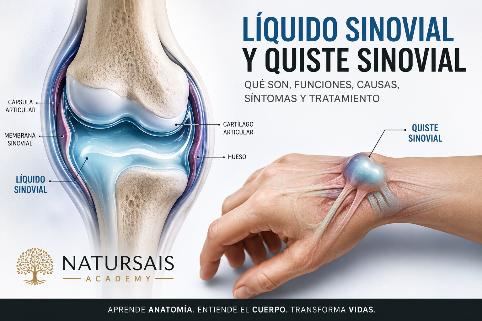 Ilustración anatómica del líquido sinovial y un quiste sinovial en una articulación, mostrando la membrana sinovial, el cartílago articular y la cápsula articular.